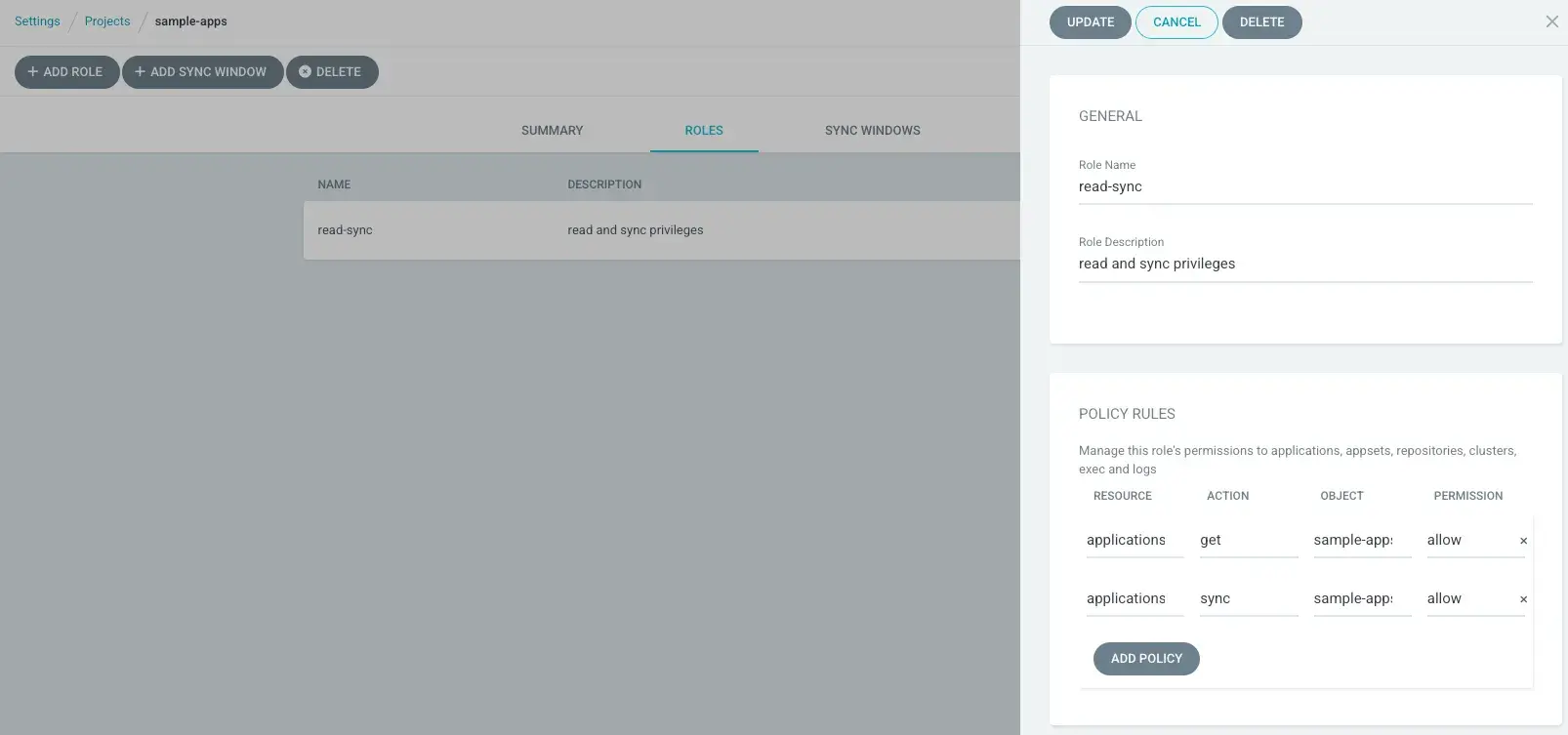 Argo CD Project - sample-apps Roles